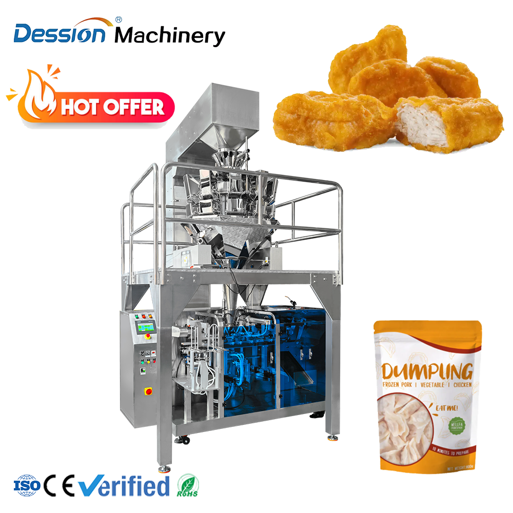 Automatic Weighing Vertical Packaging Machine for Frozen Food Bags Such as Sausages, Meatballs, Shrimp and Chicken Nuggets